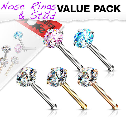 5 Pc Value Pack Prong Set CZ Nose Bone Stud Rings
