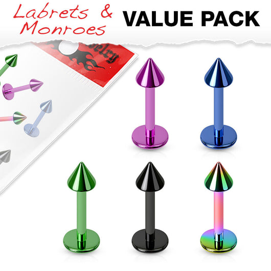 5 Pc Pack Titanium Spike Lip Labret Monroe Studs