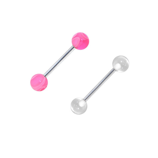 2 Pc Pack Pink Marble Clear Ball UV Tongue Rings Nipple Rings 14GA