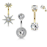3 Pc Hot Seller 14K Gold And Surgical Steel CZ Navel Belly Button Rings