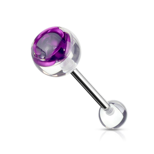 Titanium Purple Rose Embedded In 10 mm Clear Ball Barbell Tongue Rings