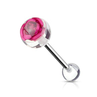 Titanium Pink Rose Embedded In 10 mm Clear Ball Barbell Tongue Rings