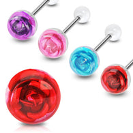 4 Pc 10mm Metal Rose Embedded Barbell Tongue Rings