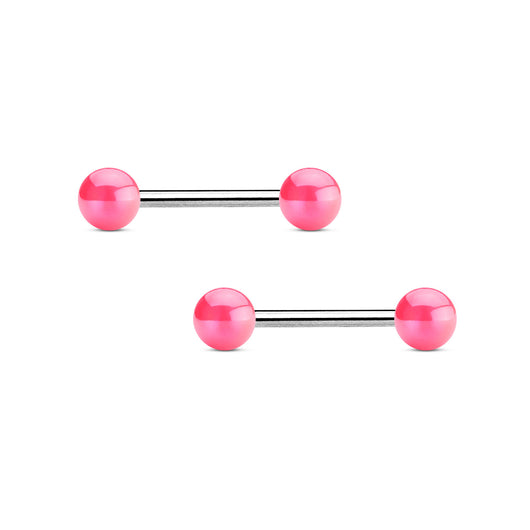 Pair Of Pink Metallic Coated Acrylic Ball Nipple Barbell Tongue Rings