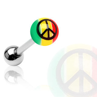 Rasta Colored Ball Peace Sign Print Surgical Steel Tongue Ring