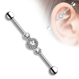 Three CZ Centered Multi Paved Circle Surgical Steel Industrial Barbell
