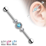 Three CZ Centered Multi Paved Circle Surgical Steel Industrial Barbell