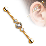Three CZ Centered Gold IP on Surgical Steel Industrial Barbell
