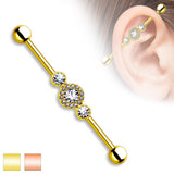 Three CZ Centered Gold IP on Surgical Steel Industrial Barbell