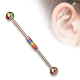 Rainbow Striped Center 316L Surgical Steel Industrial Barbells