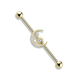 14K Gold Plated CZ Paved Moon With CZ Center Star Industrial Barbells
