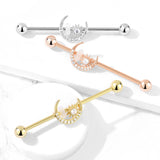 14K Gold Plated CZ Paved Moon With CZ Center Star Industrial Barbells