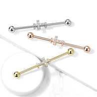Crystal Paved Cross 316L Surgical Steel Industrial Barbells