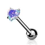 Prong Set 6 mm Heart Shape CZ Surgical Steel Tongue Ring Barbells