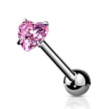 Prong Set 6 mm Heart Shape CZ Surgical Steel Tongue Ring Barbells