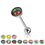 Clear Epoxy Colored Logo Inlaid Surgical Steel Barbell Tongue Rings