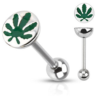 Pot Leaf Weed Logo Top 316L Surgical Steel Barbell Tongue Ring