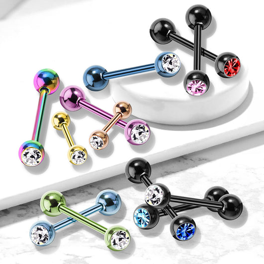 thumbnail image 2 of 4 Pcs 316L Surgical Steel 6mm Multi-CZ Tongue Rings – 14g 5/8" Barbells – Multi-Color 2 of 4