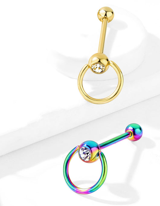 Slave Ring Top with CZ Gold And Rainbow Titanium Barbell Tongue Ring
