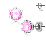 Pair of 6 Prong Set CZ 316L Surgical Steel Stud Earring