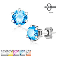 Pair of 6 Prong Set CZ 316L Surgical Steel Stud Earring