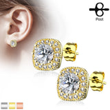 Pair of Large Round CZ Paved Square Earring Studs