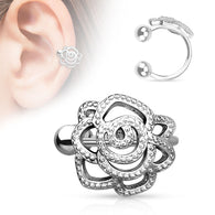 Rose With Paved Beads Rhodium Non Piercing Earring Cuff Tragus