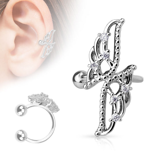 Cross Wing With CZ Rhodium Non Piercing Earring Cuff Tragus
