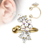 Flower Paved CZ Pearl Gold Plated Non Piercing Earring Cuff Tragus