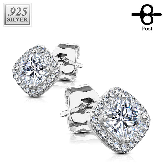 Pair of .925 Sterling Sliver Paved Square Cushion CZ Post Earring Studs