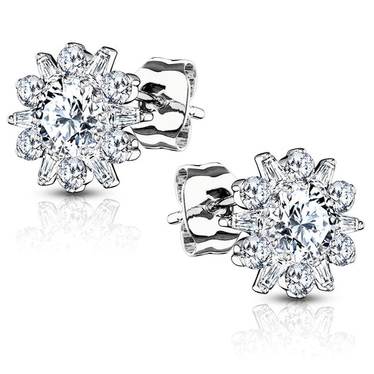 Pair of .925 Sterling Silver Double Tiered Flower CZ Post Earring Studs
