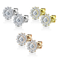 Pair of .925 Sterling Silver Double Tiered Flower CZ Post Earring Studs