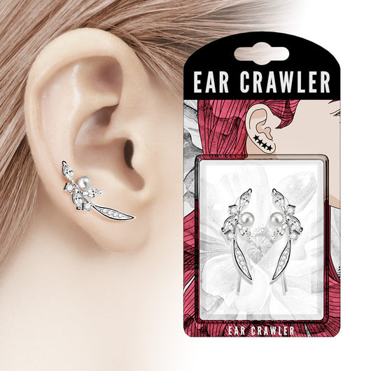 Pair of Paved CZ and Pearl Feather Ear Crawler Ear Climber Earrings
