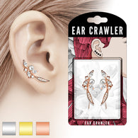 Pair of Paved CZ and Pearl Feather Ear Crawler Ear Climber Earrings