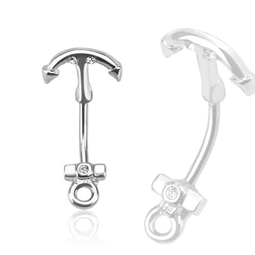 Ship Anchor Curved Eyebrow Ring with Gems 316L Surgical Steel