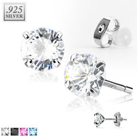 Pair .925 Sterling Silver Prong set CZ Martini Stud Earrings