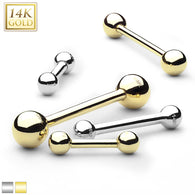 14K Solid Gold Barbell Stud Rings for Tongue, Ear Cartilage 16G