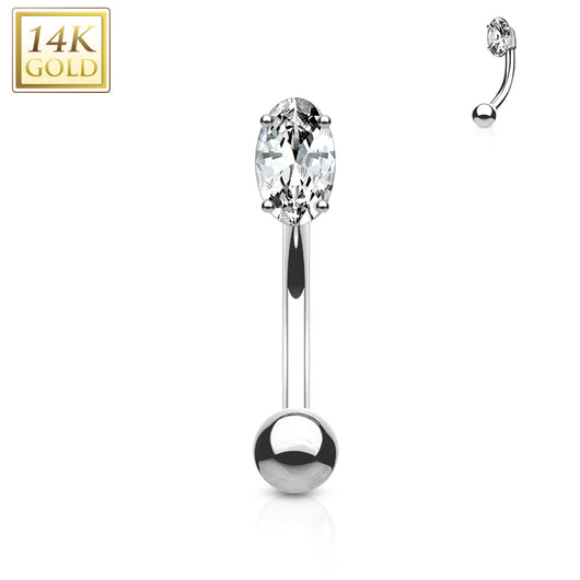 14Kt. Solid Gold Oval Marquise CZ Curve Barbell Eyebrow Ring