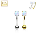 14K Solid Gold Prong Set Opal Stone Curve Barbell Eyebrow Ring