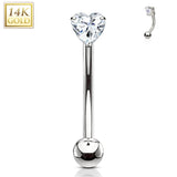 14K Solid Gold Heart CZ Curve Barbell Eyebrow Ring