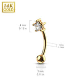 14Kt. Solid Gold Star Prong Set CZ Curve Barbell Eyebrow Ring