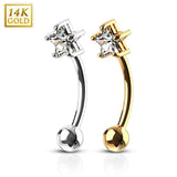 14Kt. Solid Gold Star Prong Set CZ Curve Barbell Eyebrow Ring