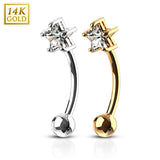 14K Solid Gold Star Prong Set CZ Curve Barbell Eyebrow Ring