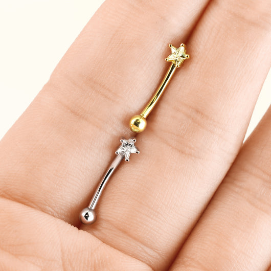 14Kt. Solid Gold Star Prong Set CZ Curve Barbell Eyebrow Ring