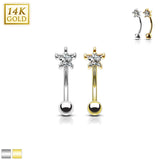 14Kt. Solid Gold Star Prong Set CZ Curve Barbell Eyebrow Ring