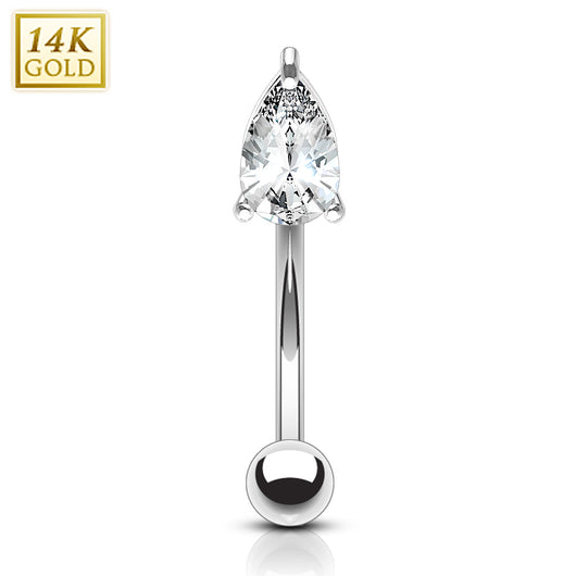 14K Solid Gold Tear Drop Prong Set CZ Curve Barbell Eyebrow Ring