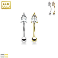 14K Solid Gold Tear Drop Prong Set CZ Curve Barbell Eyebrow Ring