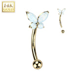 14K Solid Gold CZ or Opal Butterfly Curved Eyebrow Ring
