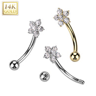 14K Solid Gold CZ Flower Curved Eyebrow Ring
