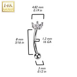 14K Solid Gold Triple CZ Marquise Fan Curved Eyebrow Ring